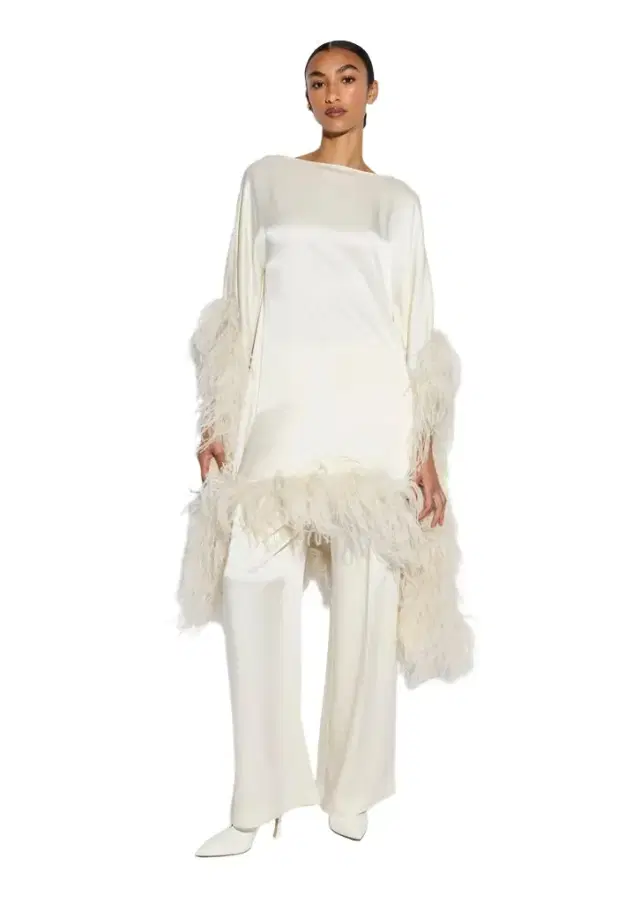 Satin Cape Dress With Feathers