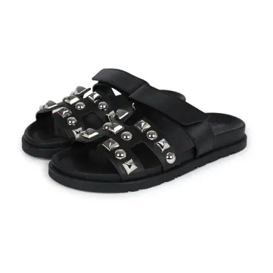 HERMÈS Hermes Chypre Techno Sandals Black Studded Calfskin Palladium Hardware 37.5 EU | Thumbnail 1