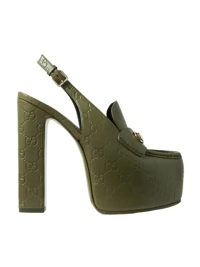 Horsebit-embellished Logo-debossed Leather Platform Slingback Pumps