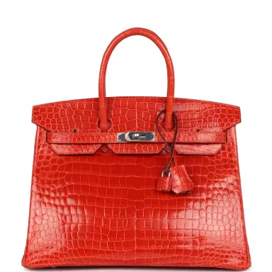 HERMÈS Pre-owned Hermes Birkin 35 Orange Poppy Shiny Porosus Crocodile Palladium Hardware | Thumbnail 1 HERMÈS Pre-owned Hermes Birkin 35 Orange Poppy Shiny Porosus Crocodile Palladium Hardware | Thumbnail 1
