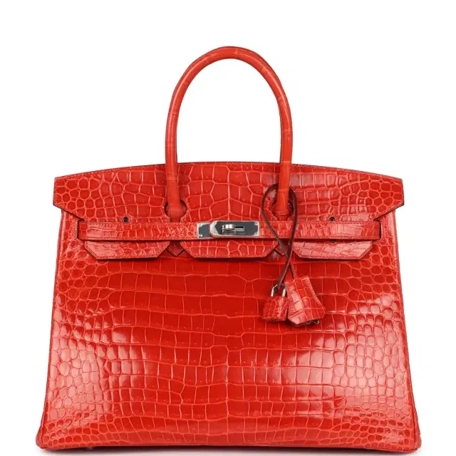 hermes Pre-owned Hermes Birkin 35 Orange Poppy Shiny Porosus Crocodile Palladium Hardware