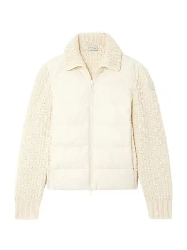 Moncler Appliquéd Quilted Shell-trimmed Wool And Cashmere-blend Down Cardigan | Thumbnail 1 Moncler Appliquéd Quilted Shell-trimmed Wool And Cashmere-blend Down Cardigan | Thumbnail 1
