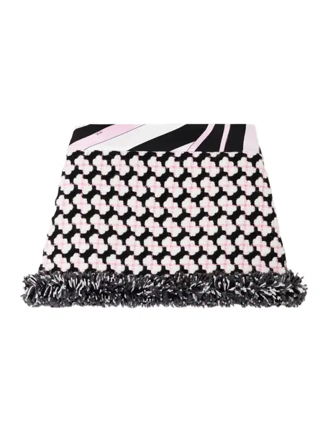 Printed Fringed Crepe-trimmed Wool-blend Tweed Mini Skirt