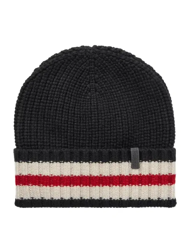 Bead-embellished Striped Ribbed Cashmere Beanie
