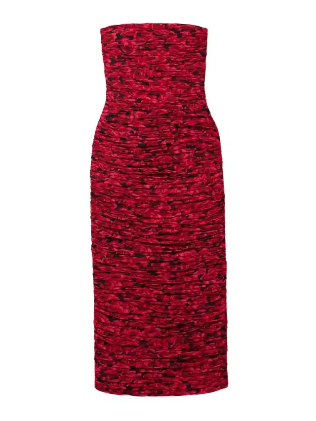 Strapless Ruched Floral-print Crepe Midi Dress
