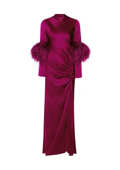 LAPOINTE Satin Tab Gown With Feathers | Thumbnail 1 LAPOINTE Satin Tab Gown With Feathers | Thumbnail 1
