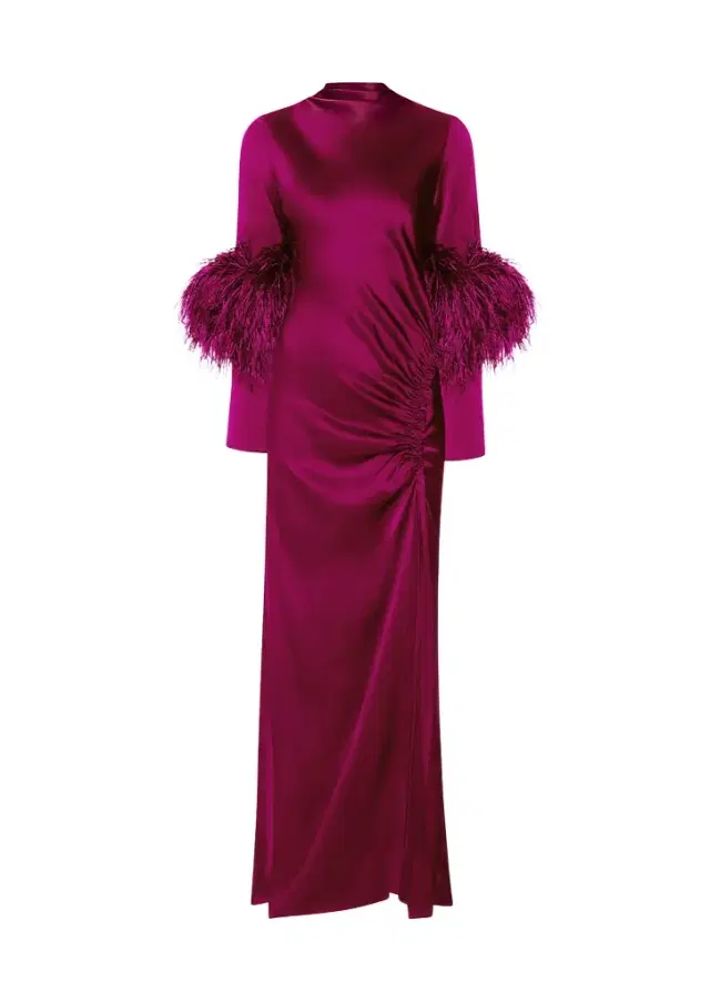 Satin Tab Gown With Feathers