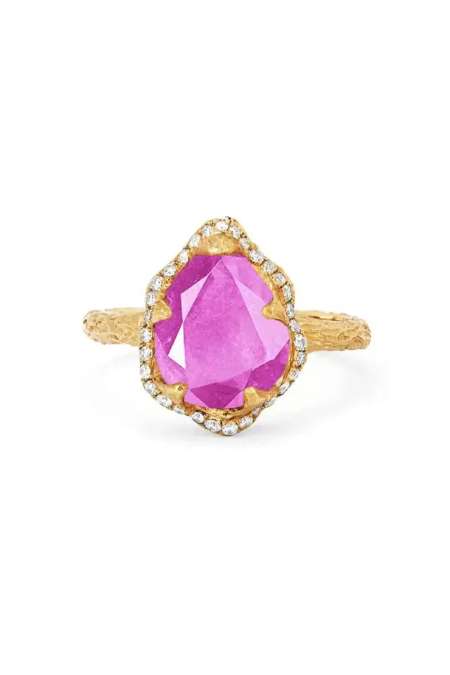 LOGAN HOLLOWELL Baby Queen Full Pavé Halo Water Drop Pink Sapphire Ring