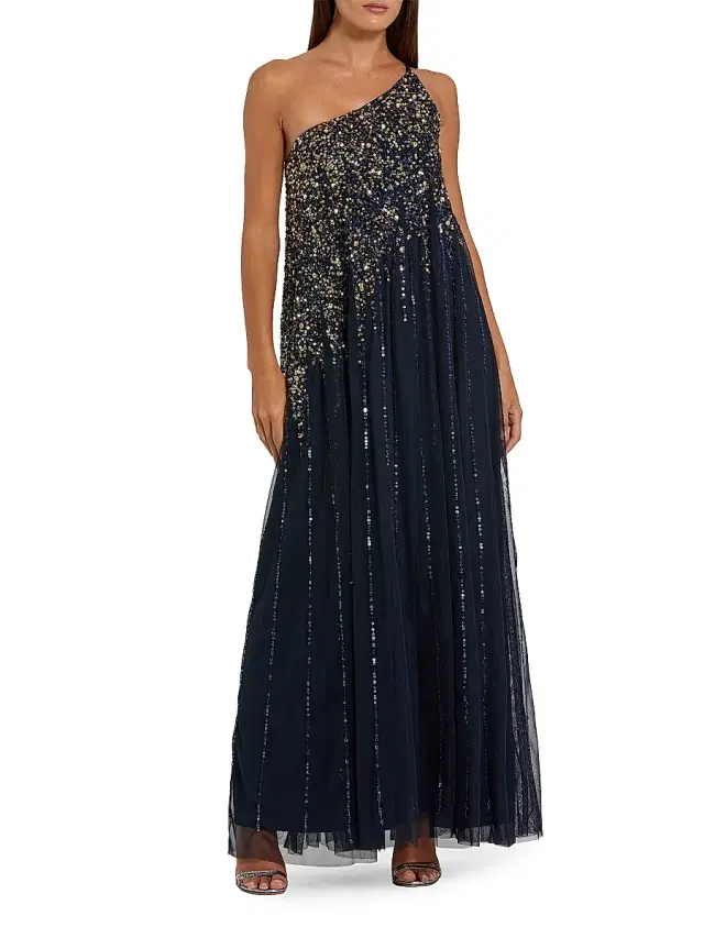 Women's One-Shoulder Beaded Tulle Trapeze Gown - Midnight Gold