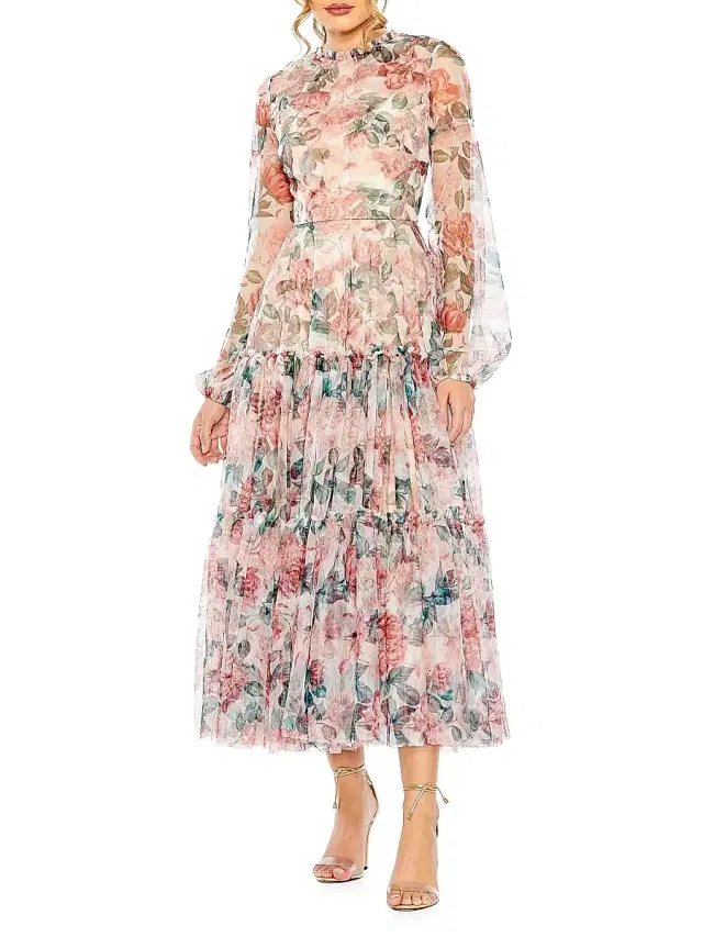 Mac Duggal Women's Floral Chiffon Balloon-Sleeve Midi-Dress - White Multi