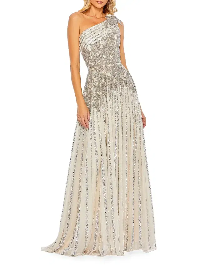 Women's Beaded One-Shoulder A-Line Gown - Silver Beige