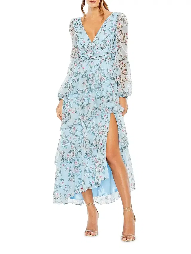 Mac Duggal Women's Floral Chiffon Tiered Midi-Dress - Aqua Multi