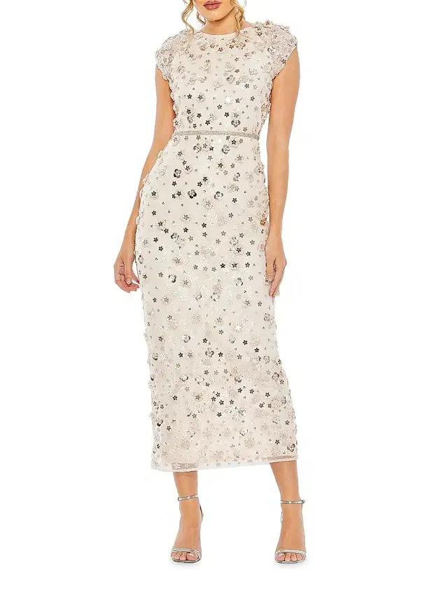 Women's Floral Appliqué Cap-Sleeve Midi-Dress - Blush