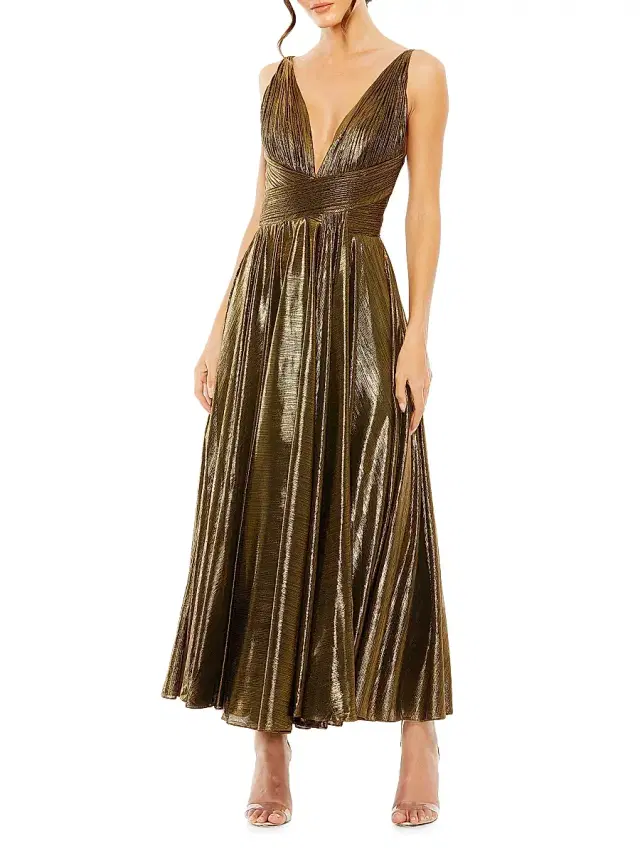 Mac Duggal Women's Sleeveless V-Neck Pleated Midi-Dress - Antique Gold