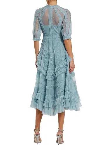 Mac Duggal Women's High-Neck Gathered Tulle Midi-Dress - French Blue | Thumbnail 3
