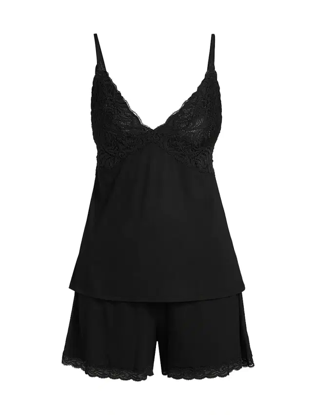 Natori Women's Feathers 2-Piece Lace-Trimmed Pajama Set - Black - Size XL