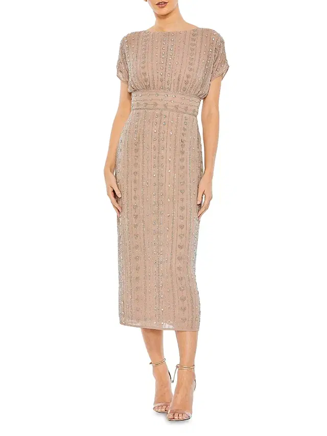 Mac Duggal Women's Beaded Mesh Column Midi-Dress - Dark Mocha