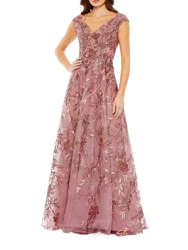 Mac Duggal Women's Embellished Floral Cap-Sleeve Gown | Thumbnail 1 Mac Duggal Women's Embellished Floral Cap-Sleeve Gown | Thumbnail 1