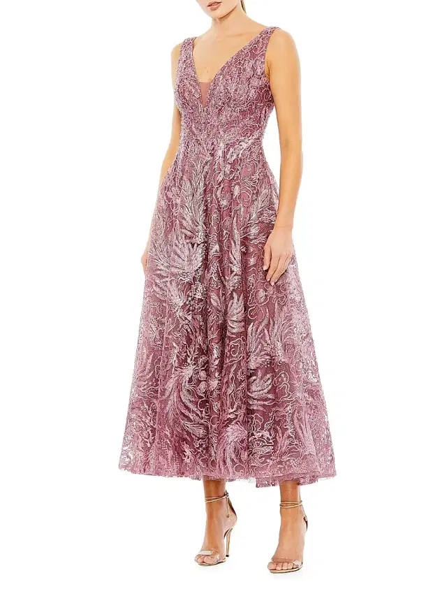 Women's Floral Embellished V-Neck Gown - Mauve