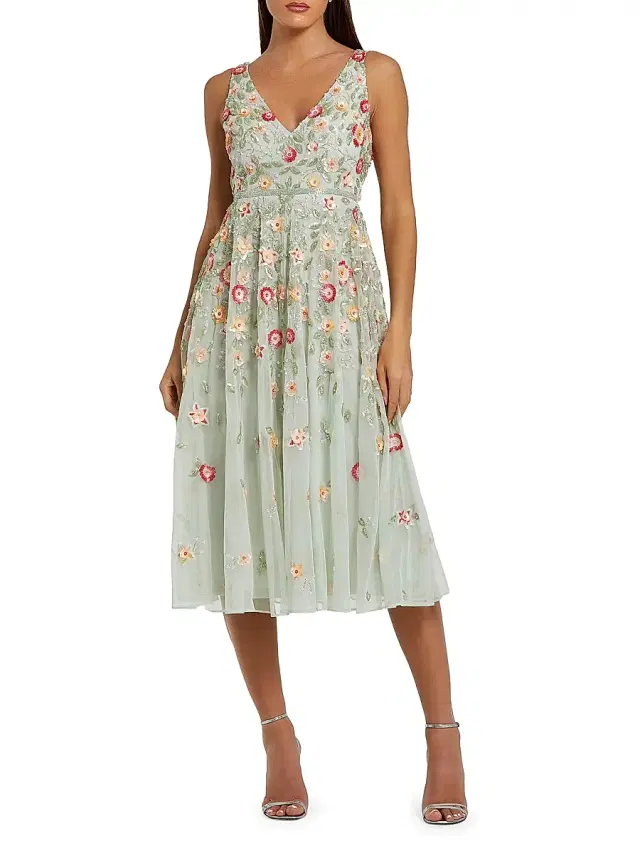 Mac Duggal Women's Cocktail Floral Embroidered V-Neck Midi-Dress - Sage Multi