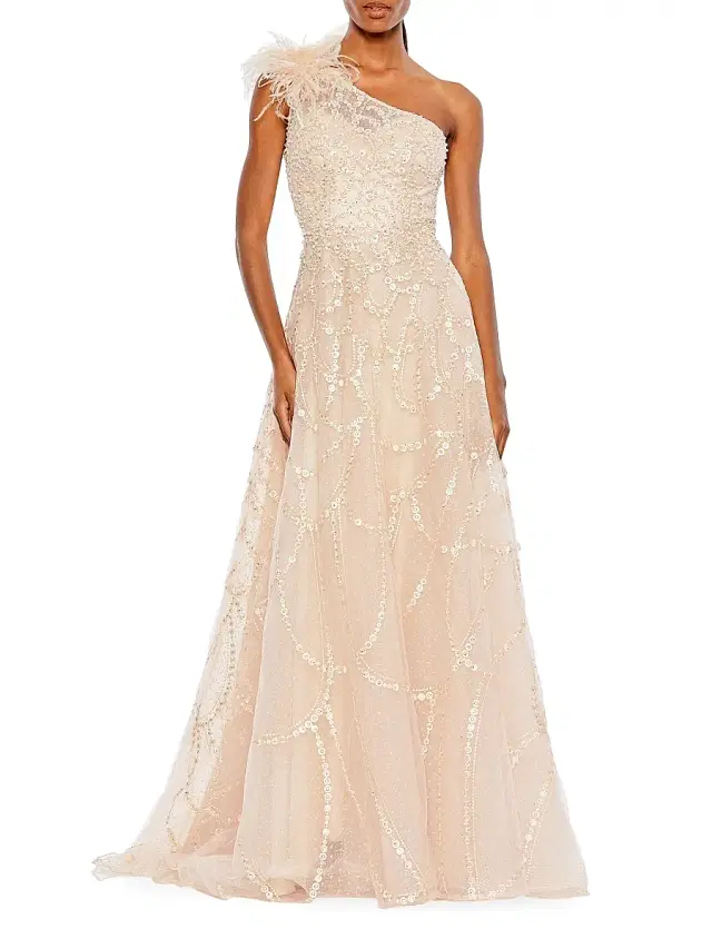 Mac Duggal Women's Sequin & Feather-Embellished Gown - Peach