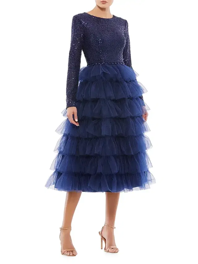 Mac Duggal Women's Sequined Tea-Length Dress - Midnight