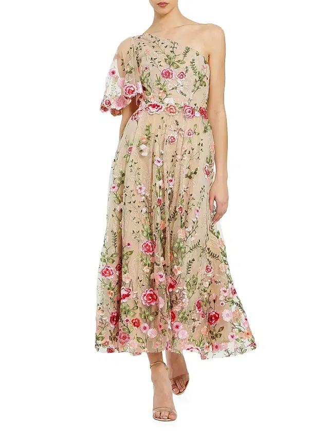 Mac Duggal Women's Floral Embroidered One-Shoulder Midi-Dress - Pink Multi