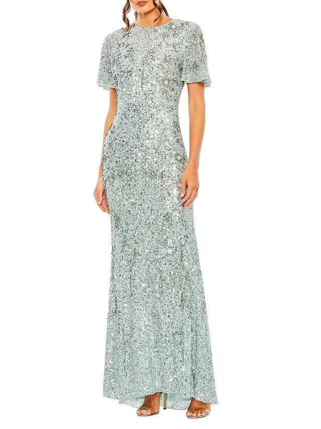 Women's Flutter-Sleeve Sequin Gown - French Blue