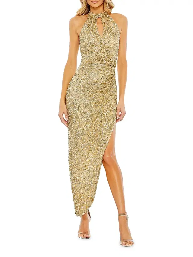 Women's Sequined Keyhole-Neck Asymmetrical Gown - Gold