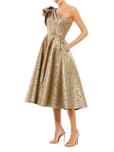 Mac Duggal Women's Asymmetric Metallic Tea-Length Dress - Antique Bronze - Size 16 | Thumbnail 1 Mac Duggal Women's Asymmetric Metallic Tea-Length Dress - Antique Bronze - Size 16 | Thumbnail 1