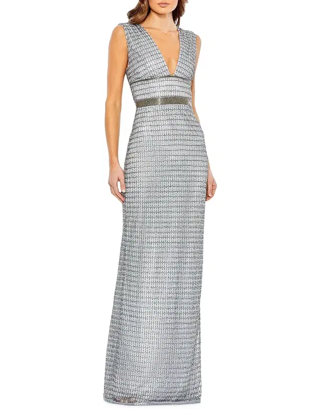 Women's Beaded V-Neck Column Gown - Silver