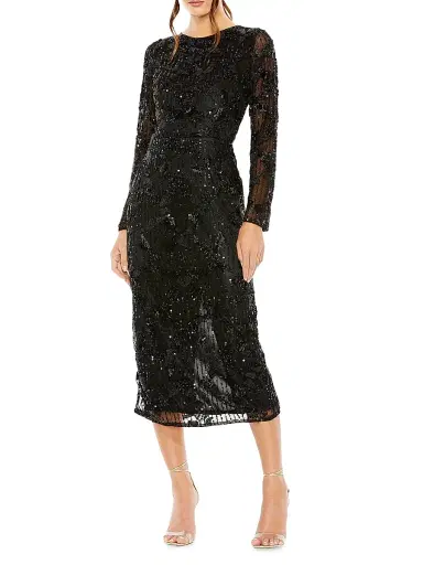 Mac Duggal Women's Beaded Long-Sleeve Midi-Dress - Black | Thumbnail 1