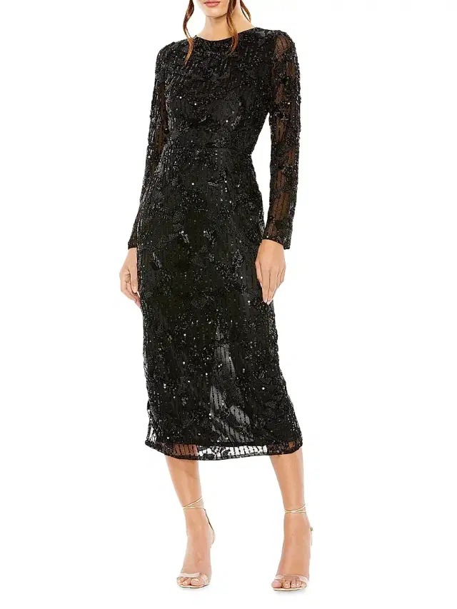Mac Duggal Women's Beaded Long-Sleeve Midi-Dress - Black