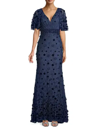 Mac Duggal Women's Floral Embellished V-Neck Gown - Midnight - Size 18 | Thumbnail 3 Mac Duggal Women's Floral Embellished V-Neck Gown - Midnight - Size 18 | Thumbnail 3