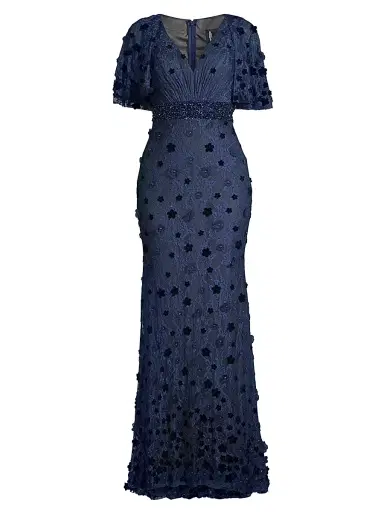 Mac Duggal Women's Floral Embellished V-Neck Gown - Midnight - Size 18 | Thumbnail 1 Mac Duggal Women's Floral Embellished V-Neck Gown - Midnight - Size 18 | Thumbnail 1