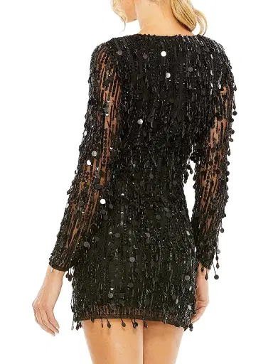Mac Duggal Women's Long-Sleeve Beaded Fringe Minidress | Thumbnail 3 Mac Duggal Women's Long-Sleeve Beaded Fringe Minidress | Thumbnail 3