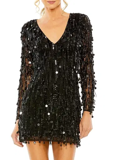 Mac Duggal Women's Long-Sleeve Beaded Fringe Minidress | Thumbnail 1 Mac Duggal Women's Long-Sleeve Beaded Fringe Minidress | Thumbnail 1