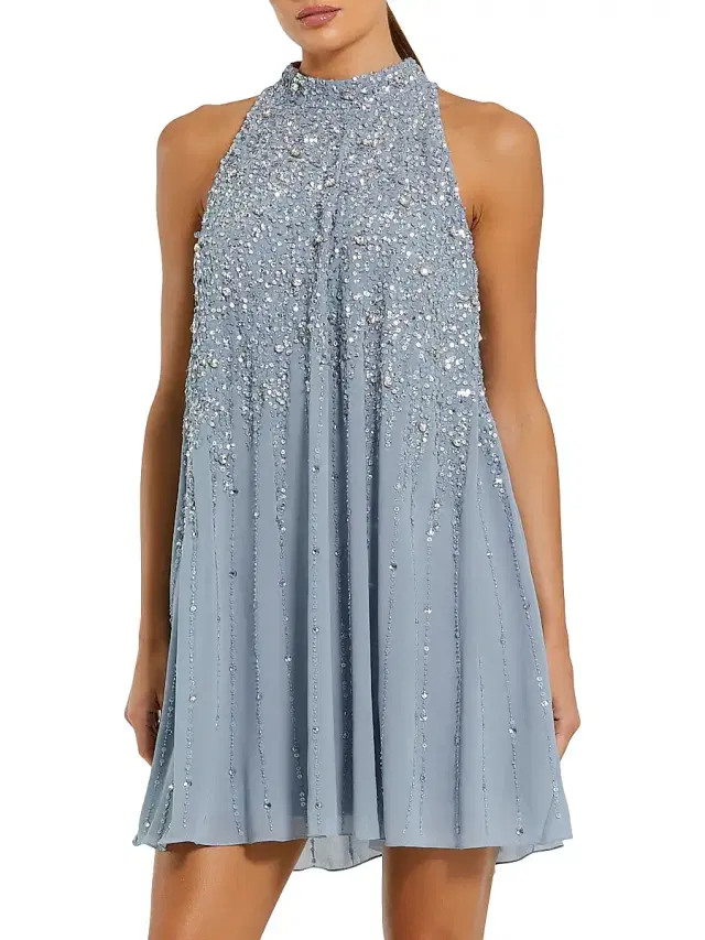 Women's Sequin-Embellished Trapeze Dress - Powder Blue