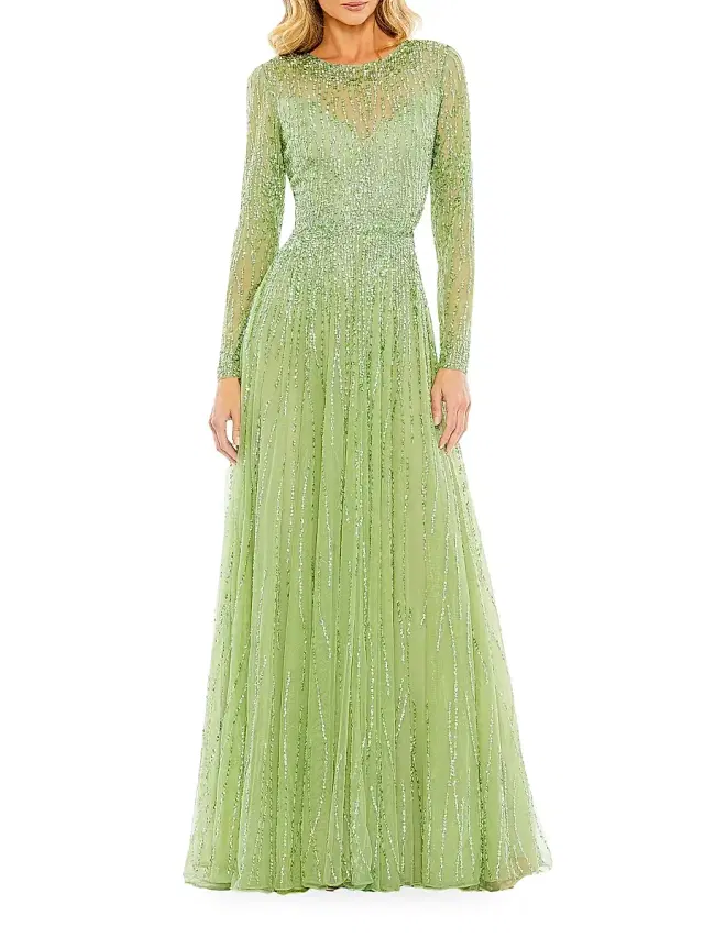 Women's Sequined Long-Sleeve Illusion Gown - Sage Women's Sequined Long-Sleeve Illusion Gown - Sage