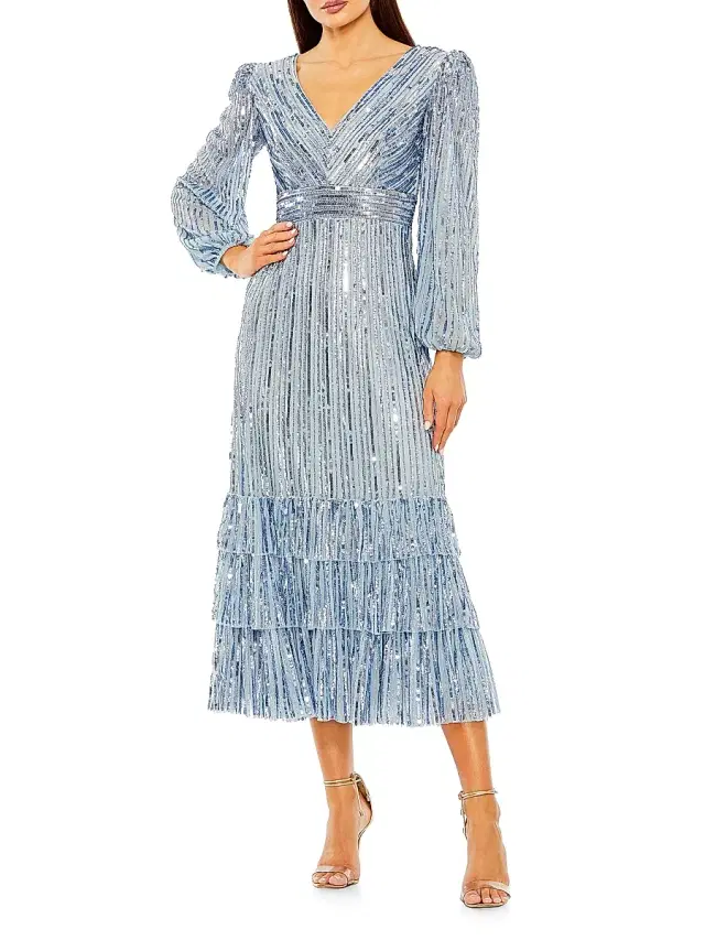 Mac Duggal Women's Sequin Blouson-Sleeve Ruffled Midi-Dress - Slate Blue