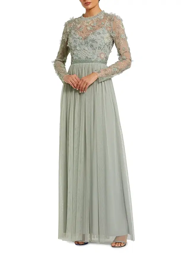 Mac Duggal Women's Sequin-Embellished Long-Sleeve Gown - Sage