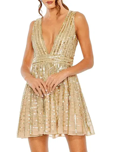 Mac Duggal Women's Sequined V-Neck A-Line Minidress - Beige Gold | Thumbnail 1