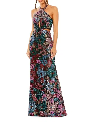 Mac Duggal Women's Floral Sequined Cut-Out Halter Gown | Thumbnail 2 Mac Duggal Women's Floral Sequined Cut-Out Halter Gown | Thumbnail 2