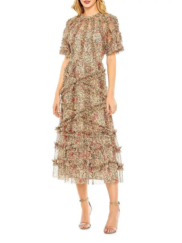 Mac Duggal Women's Ruffled Floral Mesh Midi-Dress - Beige Multi