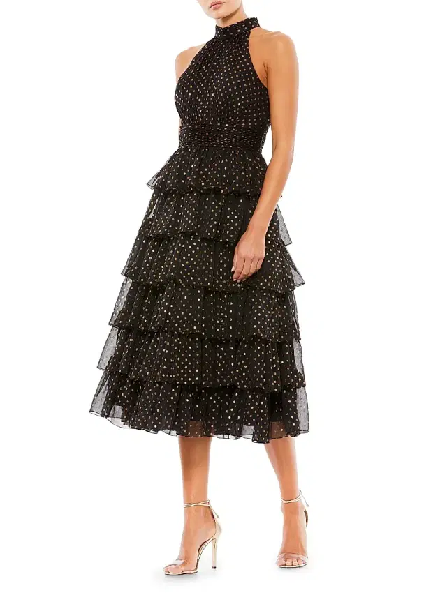 Mac Duggal Women's High-Neck Tiered Dotted Midi-Dress - Black Gold