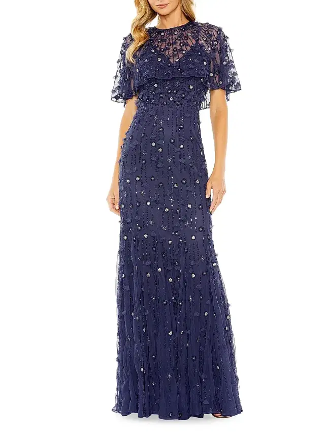 Mac Duggal Women's Embellished Illusion Cape-Sleeve Trumpet Gown - Midnight