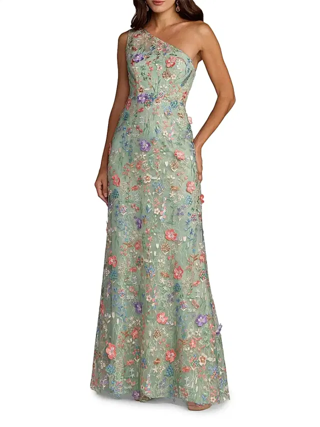 Mac Duggal Women's One-Shoulder Floral Embroidered Gown - Sage Multi