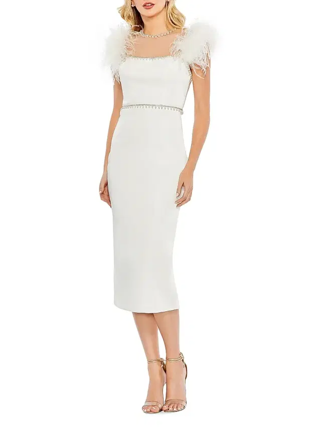 Women's Feather & Pearl-Embellished Midi-Dress - White