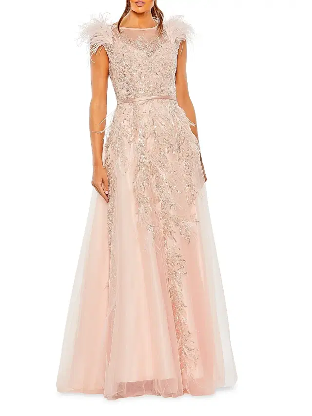 Women's Beaded Feather-Trim Gown - Blush