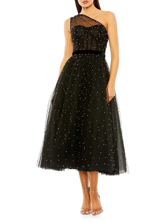 Women's Embellished Tulle One-Shoulder Midi-Ballgown - Black Women's Embellished Tulle One-Shoulder Midi-Ballgown - Black